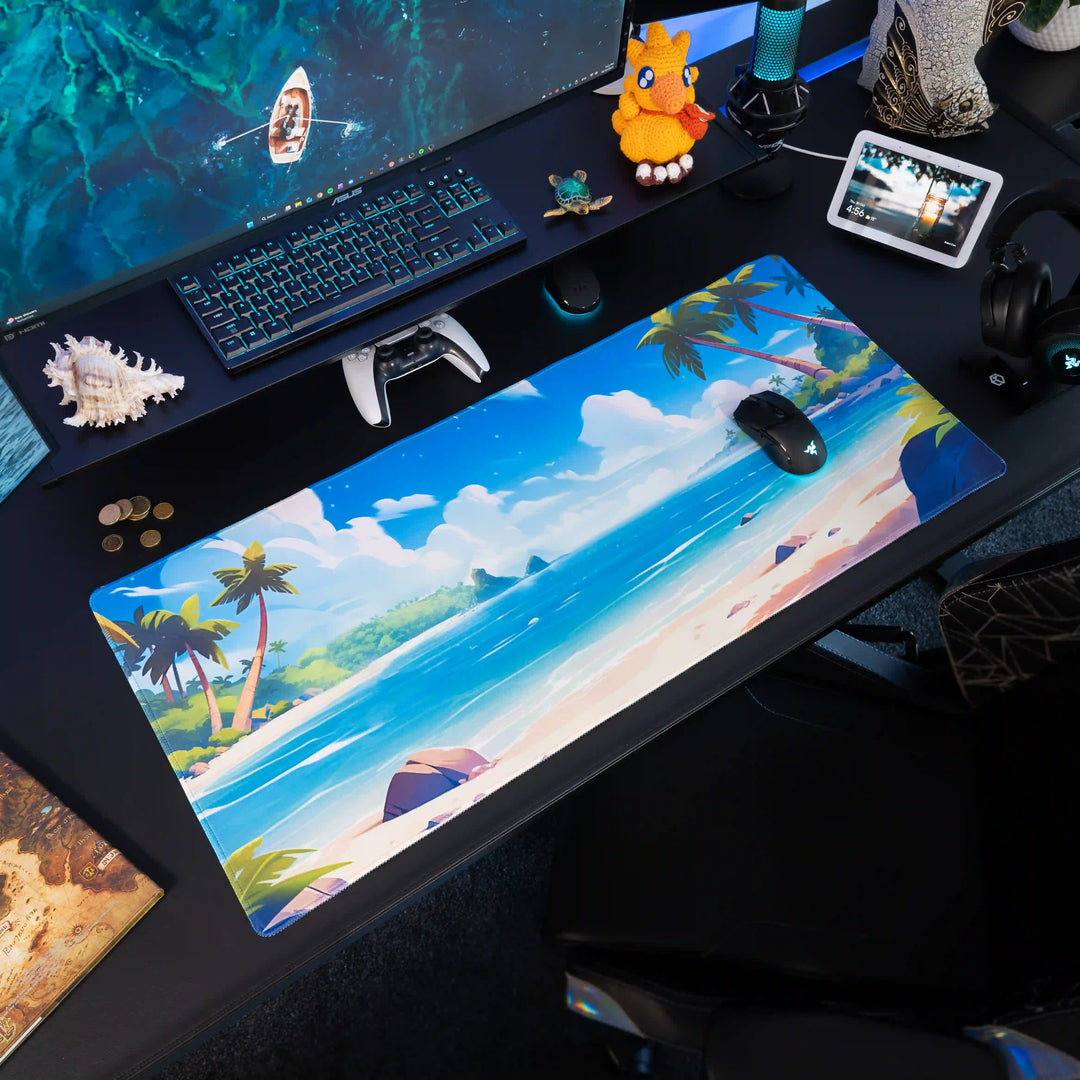Large ArcaLoot gaming mousepad with a beach scene and palm trees on a black gaming setup. Treasure Cove.
