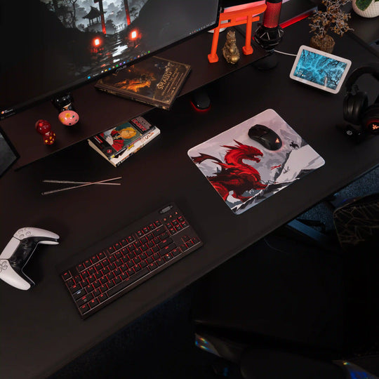 Small ArcaLoot gaming mousepad featuring a red dragon facing a knight on a black gaming desk. Blade and Flame.