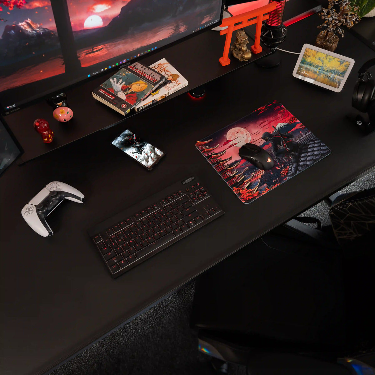Small ArcaLoot Gaming mousepad with a Japanese-themed design featuring a ninja on a black gaming setup. Crimson Shadow. 