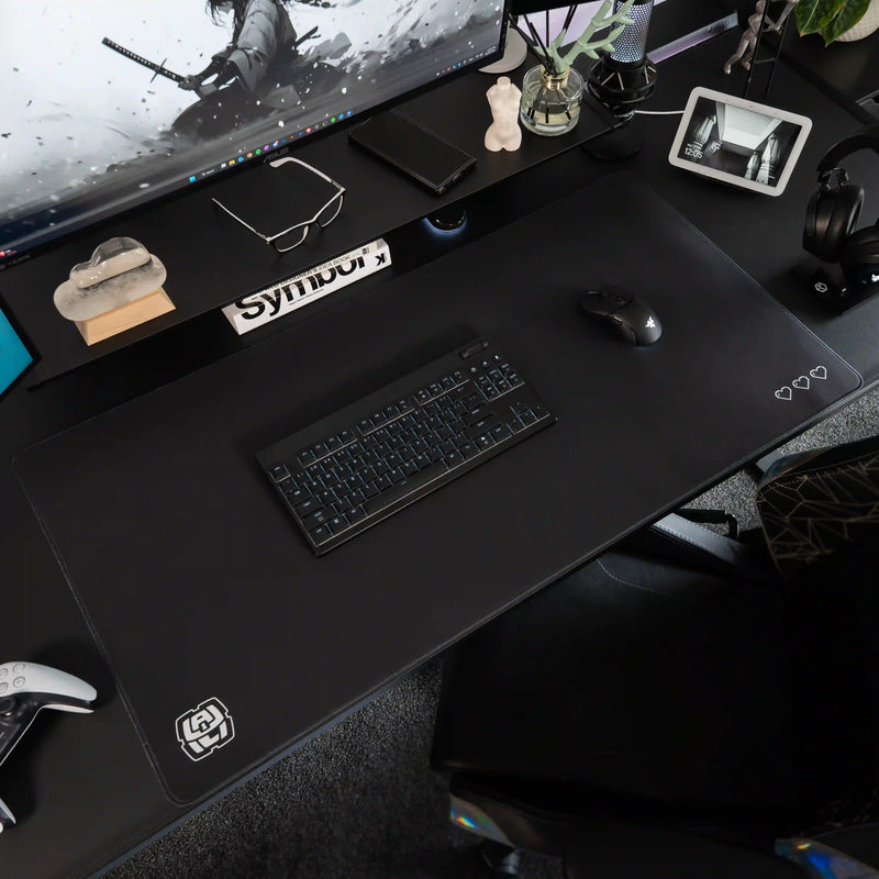 Extra Large ArcaLoot gaming mousepad with Black and white logo design on a black gaming desk. Digital Hearts. Black Abyss.