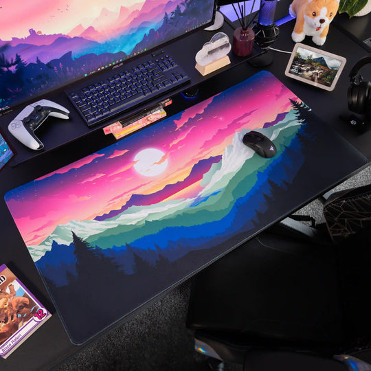 Extra Large ArcaLoot gaming mousepad with a mountain and sunset rainbow design on a black gaming setup. Rainbow Valley. 