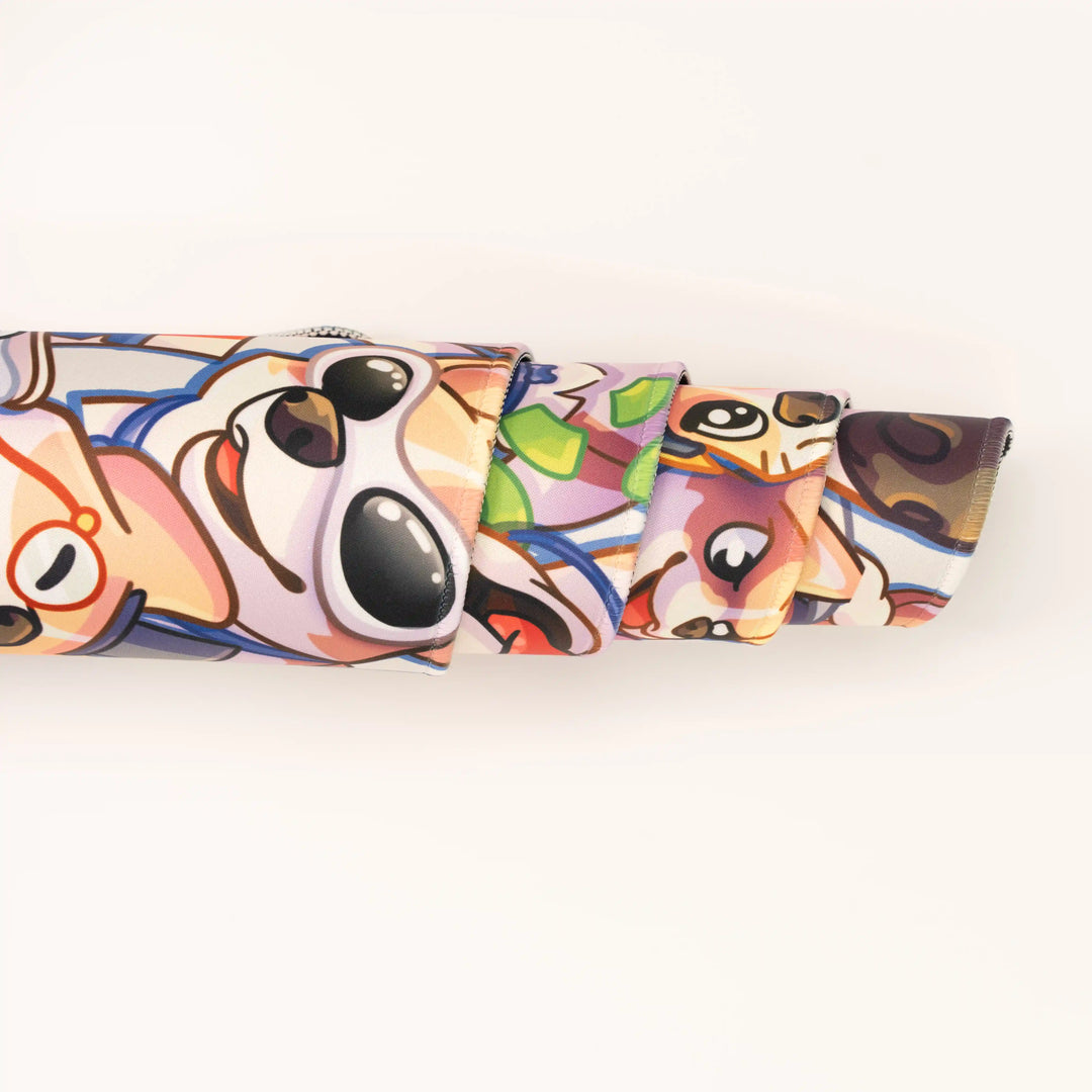 ArcaLoot Gaming Mousepad curled to show premium stitched edges - AussieAntics Steve Emotes