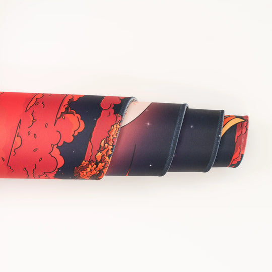 ArcaLoot Gaming Mousepad curled to show premium stitched edges - Crimson Shadow