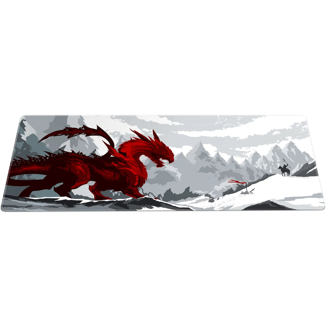 Large ArcaLoot gaming mousepad featuring a red dragon facing a knight. Blade and Flame.