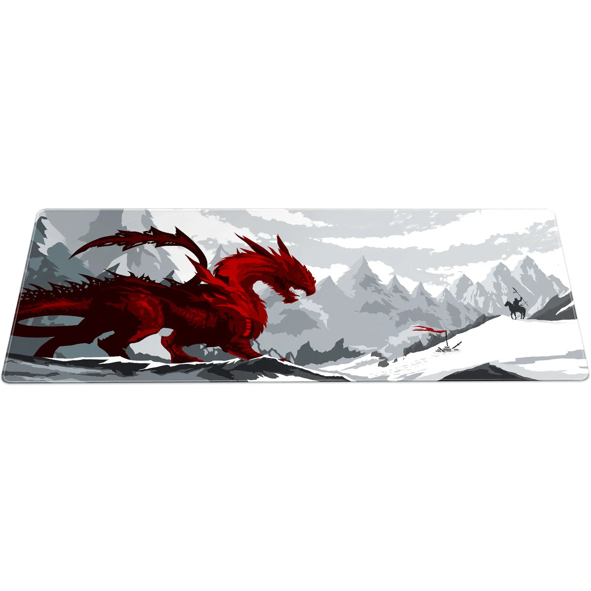 Large ArcaLoot gaming mousepad featuring a red dragon facing a knight. Blade and Flame.