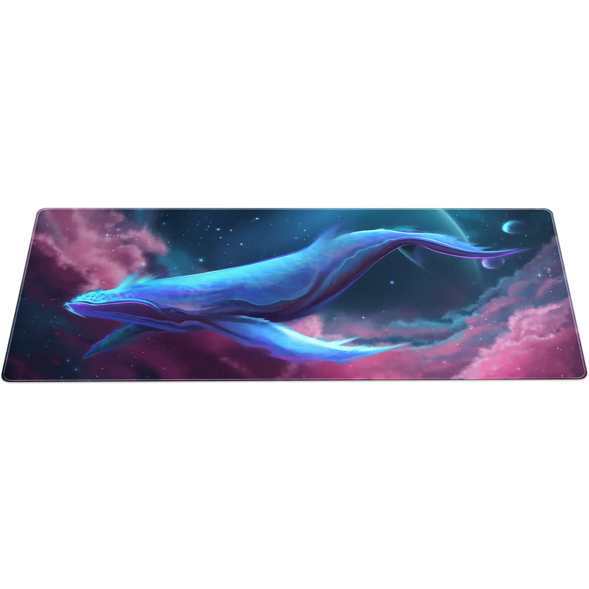 Large ArcaLoot gaming mousepad with a blue whale design against a colorful cosmic background. Cosmic Cetacean.