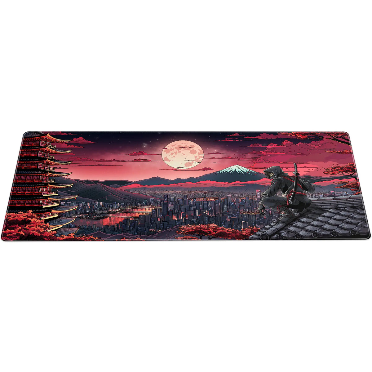 Large ArcaLoot Gaming mousepad with a Japanese-themed design featuring a ninja. Crimson Shadow. 