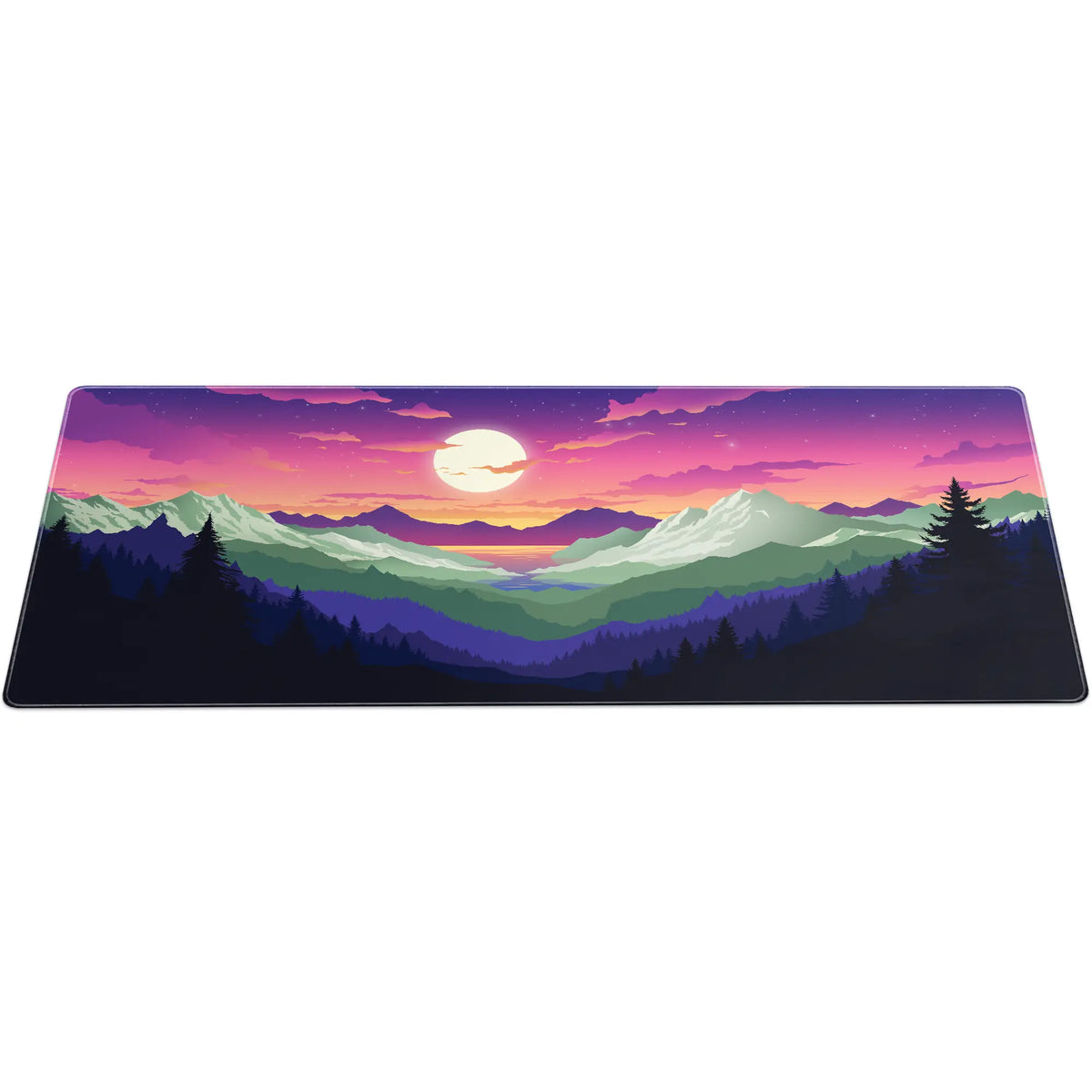 Large ArcaLoot gaming mousepad with a mountain and sunset rainbow design. Rainbow Valley. 