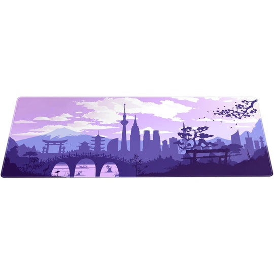 Large ArcaLoot Gaming mousepad with a Japanese-themed design featuring a purple and white design. Sakura Cityscape.