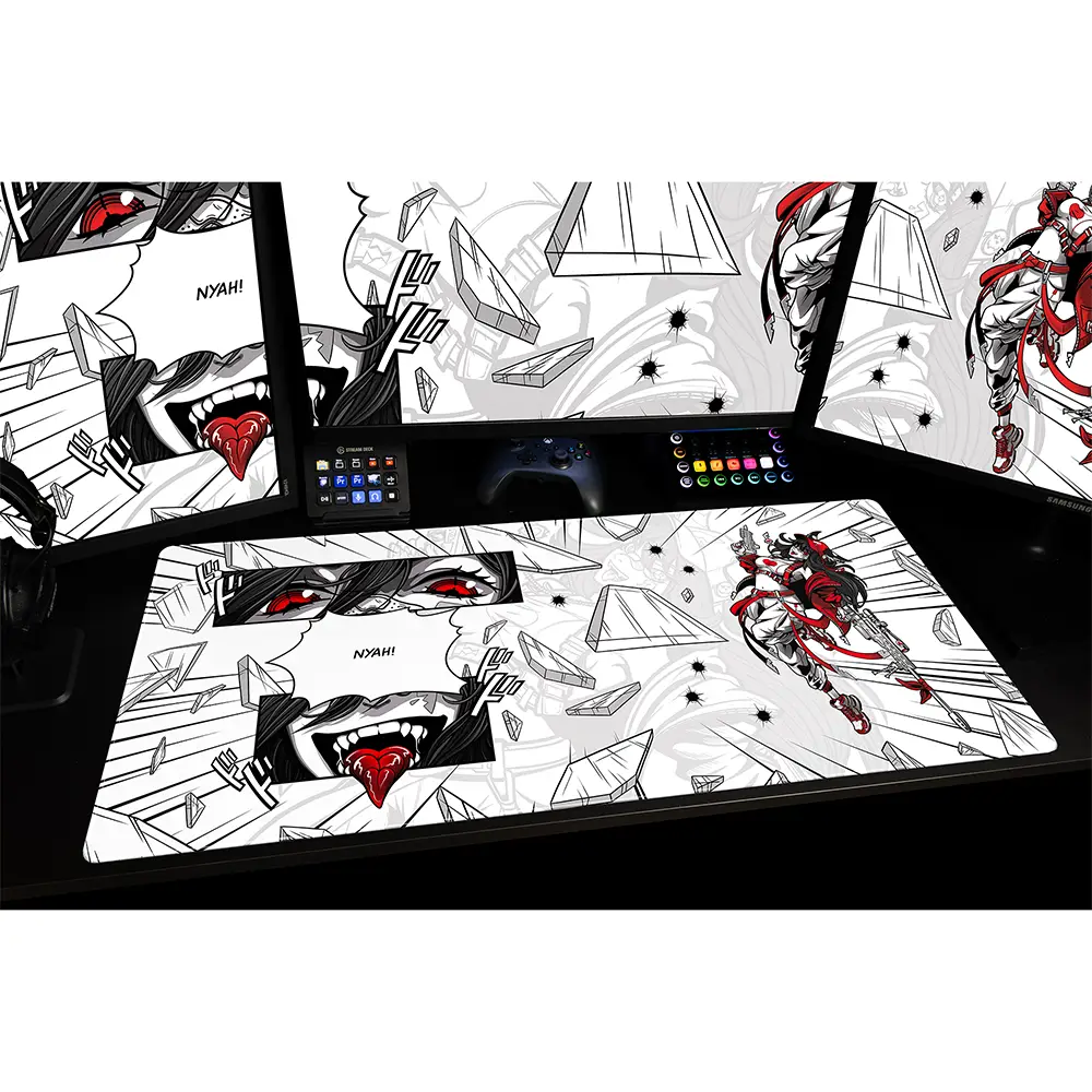 Gaming desk setup with a large arcaloot gaming mousepad featuring anime-style artwork. Cracked design.