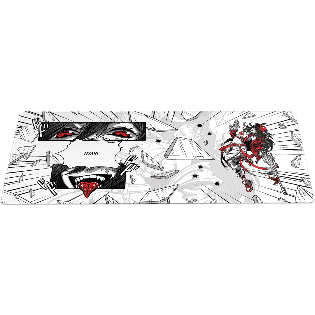Anime-themed large ArcaLoot gaming mousepad with sniper eyes and tongue on white background. Cracked Design.