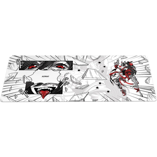Anime-themed large ArcaLoot gaming mousepad with sniper eyes and tongue on white background. Cracked Design.