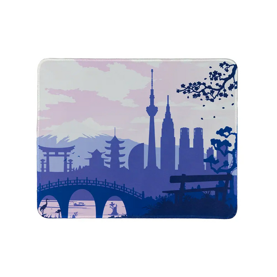 Small ArcaLoot Gaming mousepad with a Japanese-themed design featuring a purple and white design. Sakura Cityscape.