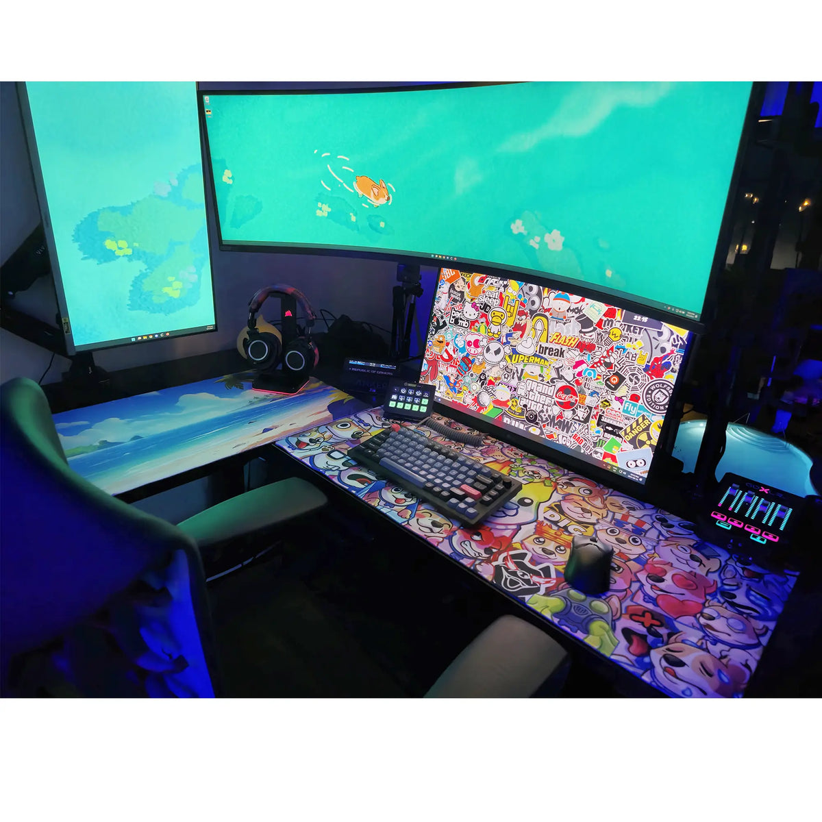 Large ArcaLoot gaming mousepad featuring colorful cartoon dog characters from AussieAntics on a black gaming setup. AussieAntics Steve Emotes.