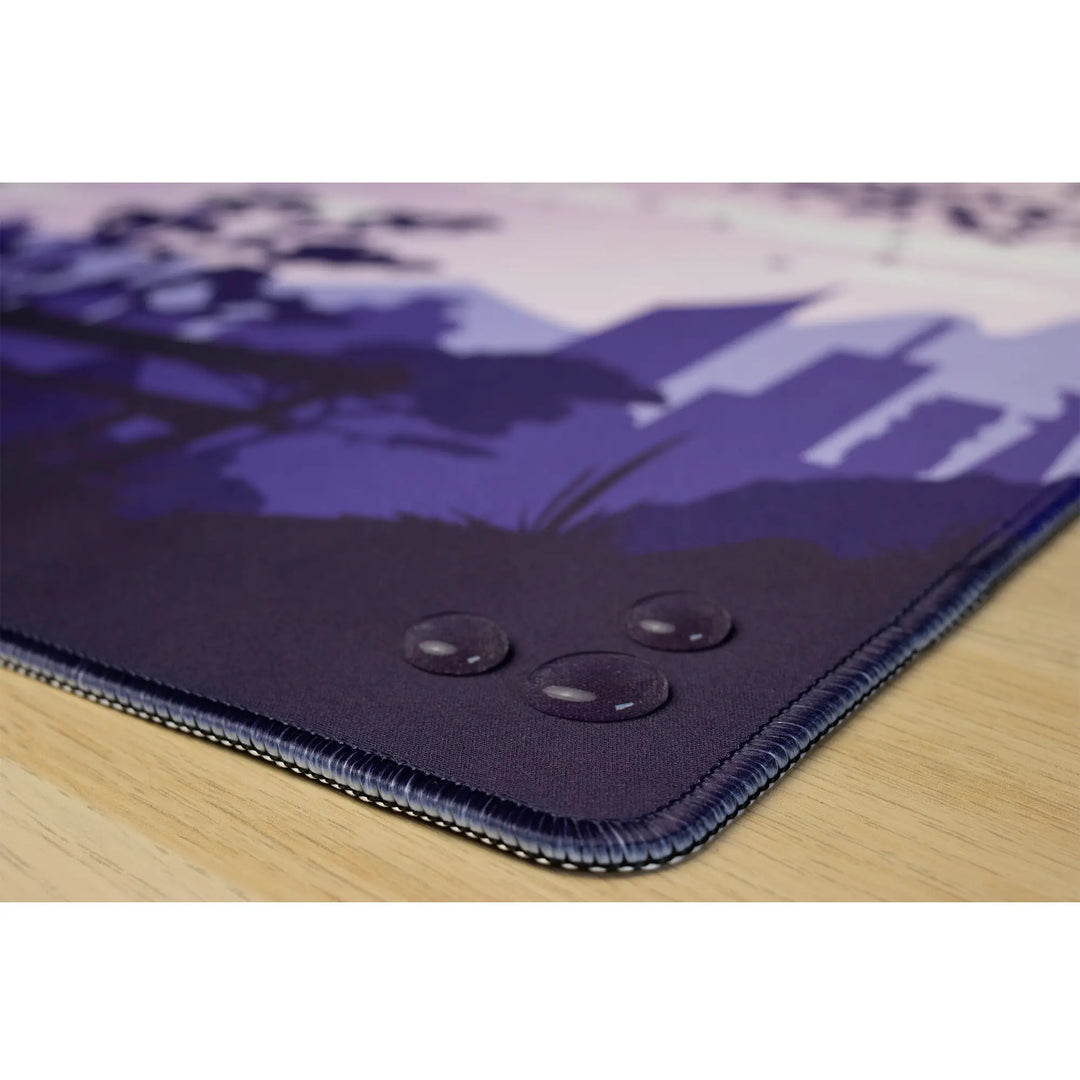 Clear water droplets on a purple gaming mousepad. Sakura Cityscape.