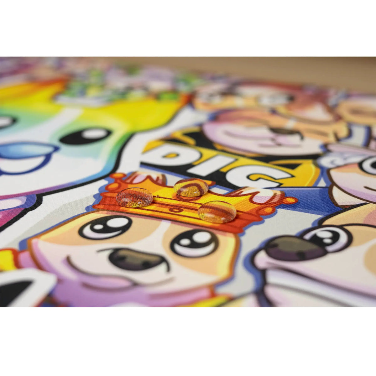 Clear water droplets featuring colorful cartoon dog characters from AussieAntics. AussieAntics Steve Emotes.